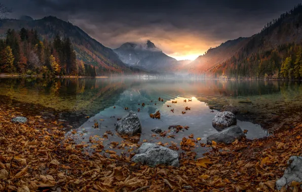 Картинка осень, листья, закат, горы, озеро