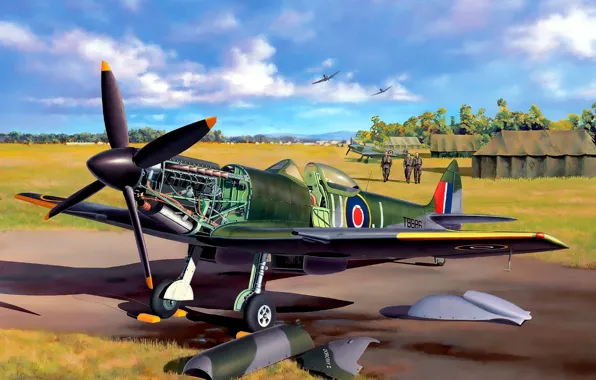 Картинка самолет, истребитель, арт, аэродром, английский, ВВС, пилоты, Spitfire