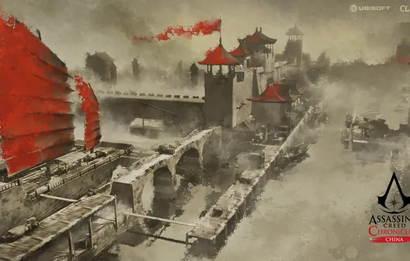 Картинка city, China, game, walls, Assassin's Creed, castle, ship, digital art