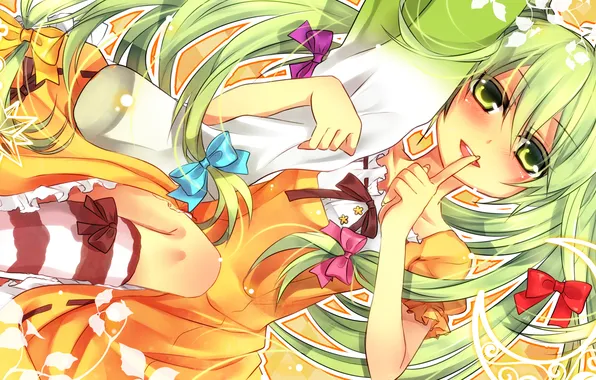 Девушка, полосы, платье, арт, палец, vocaloid, hatsune miku, жест