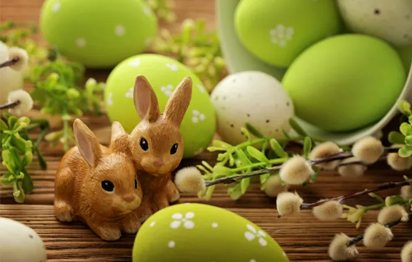 Яйца, Пасха, кролики, верба, flowers, spring, Easter, eggs