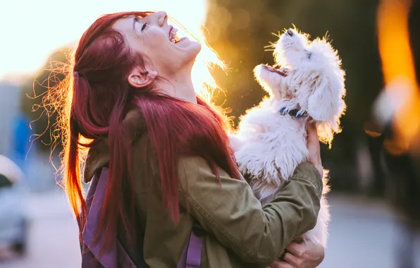 Puppy, woman, happiness