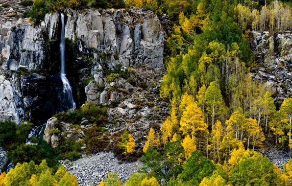 Картинка осень, лес, деревья, скала, камни, водопад