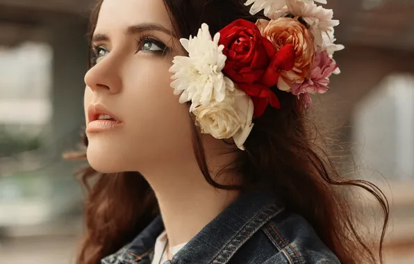 Взгляд, девушка, цветы, лицо, красота