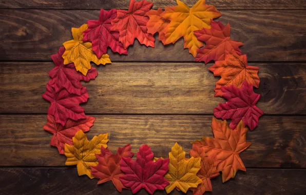 Картинка осень, листья, креатив, фон, доски, круг, разноцветные, кленовые