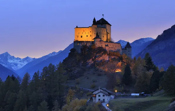 Картинка замок, вечер, холм, Switzerland, Engadin, Tarasp Castle