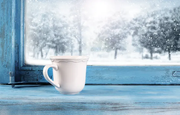 Холод, зима, снег, окно, мороз, чашка, winter, snow