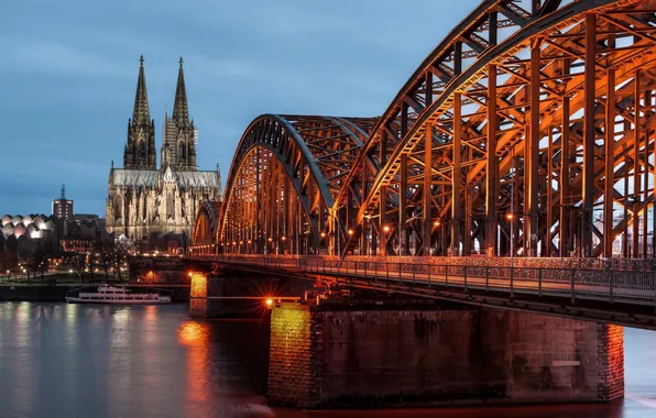 Мост, река, Германия, Germany, Кёльн, Cologne, Рейн, Hohenzollern Bridge