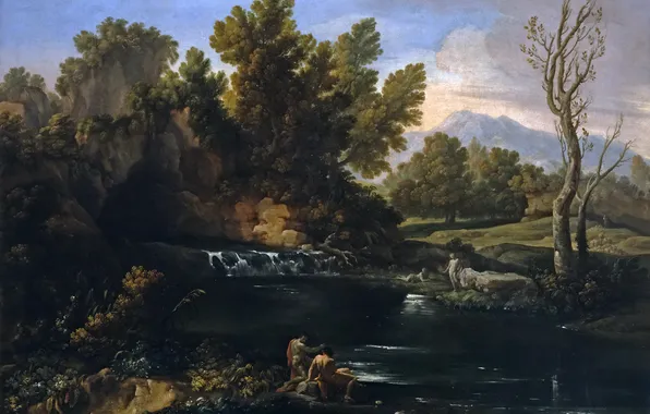 Вода, деревья, скала, люди, картина, Коррадо Джаквинто, Пейзаж с Водопадом