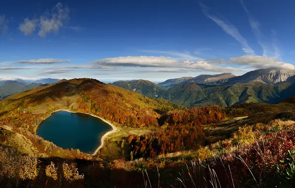 Озеро, камни, растения, Горы, долина, вершина, панорама