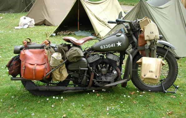 Картинка войны, мотоцикл, военный, Harley-Davidson, палатки, мировой, Второй, времён