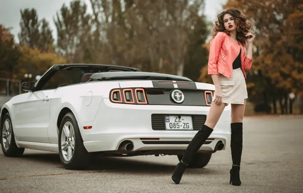 Машина, авто, девушка, поза, юбка, сапоги, куртка, Ford Mustang