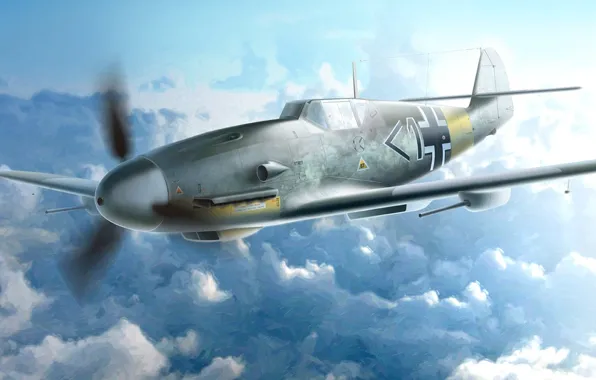 Рисунок, арт, Messerschmitt, Люфтваффе, одномоторный поршневой истребитель-низкоплан, Bf.109F-4/R6