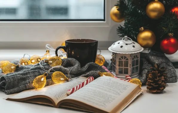 Картинка шарики, настроение, шары, Рождество, кружка, фонарь, Новый год, книга
