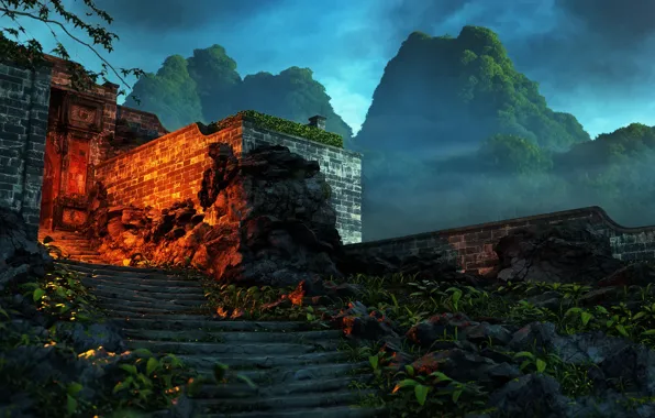 Горы, растительность, ступени, вход, Path to Cloud Temple