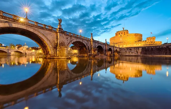 Картинка небо, вода, город, отражение, река, вечер, освещение, Рим