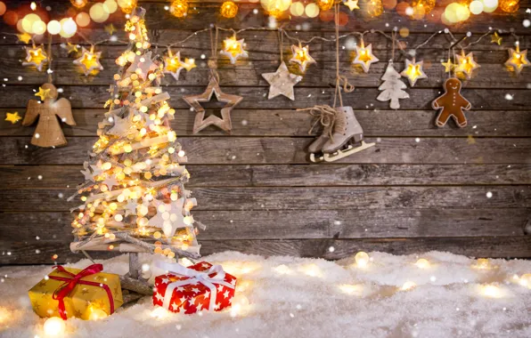 Картинка снег, украшения, игрушки, елка, Новый Год, Рождество, подарки, гирлянда