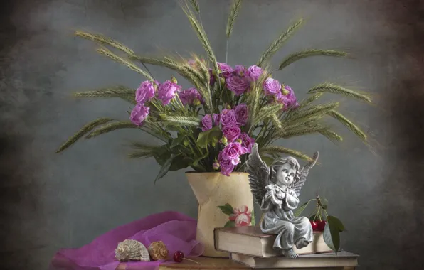 Вишня, розы, ангел, ракушка, колоски, статуэтка