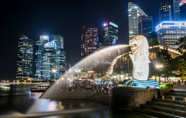 Подсветка, Сингапур, небоскрёбы, мегаполис, фонтаны, Singapore