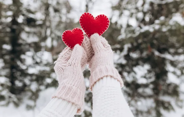 Зима, снег, любовь, сердце, love, heart, winter, варежки