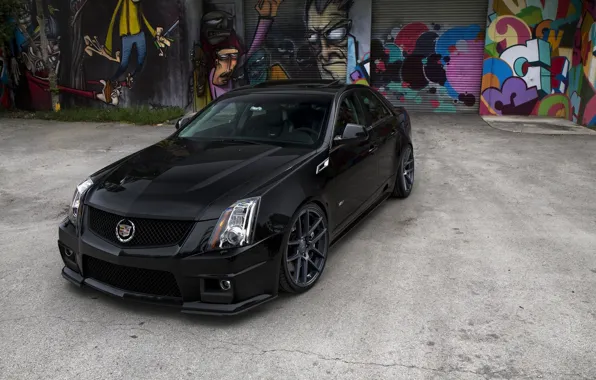 Чёрный, Cadillac, графити, black, CTS-V, кадилак