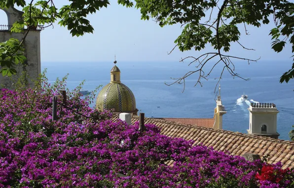 Картинка крыша, море, деревья, цветы, дом, корабль, гора, Италия