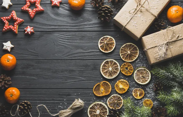 Звезда, ель, печенье, подарки, мандарин, сухой апельсин, новый год 2018