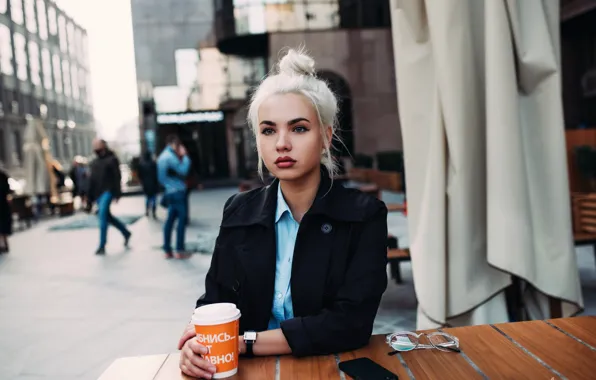 Девушка, улица, кофе, блондинка, сидит, столик, Yura Warner