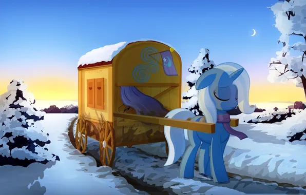 Картинка дорога, снег, деревья, пони, повозка, My little pony, Trixie