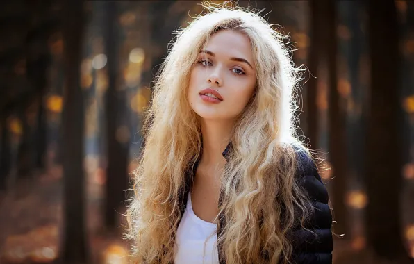 Лес, взгляд, огни, блондинка, боке