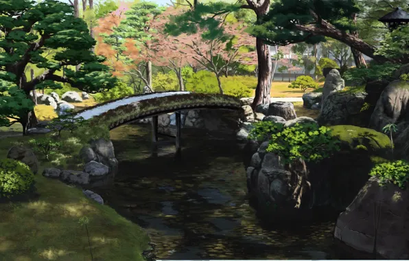 Летний день, парк, by Sasaki112, Япония, ручей, зелень листьев, камни в воде, деревянный мост