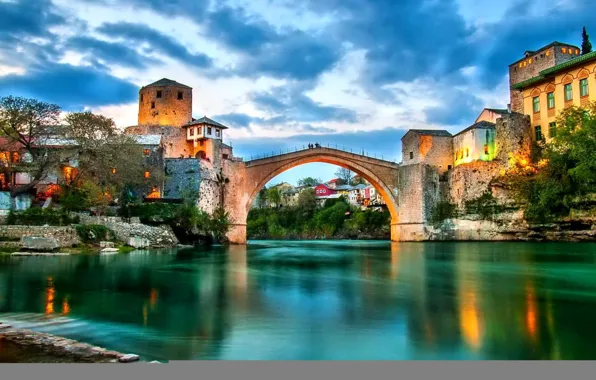 Картинка небо, облака, пейзаж, мост, река, башня