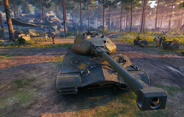 Картинка Деревья, Рассвет, Ствол, СССР, Танк, Мир танков, World of Tanks, Спереди