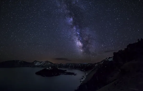 Картинка небо, звезды, пейзаж, озеро, кратер, млечный путь