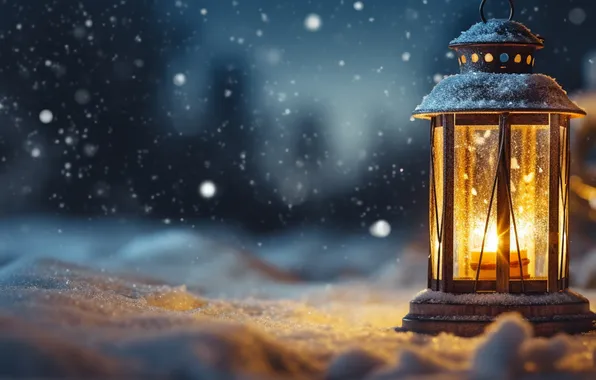 Зима, снег, ночь, Рождество, фонарь, Новый год, Christmas, night