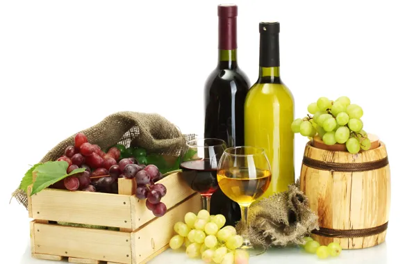 Картинка листья, вино, красное, белое, бокалы, виноград, бутылки, ящик