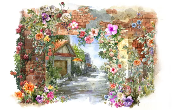 Цветы, дом, стена, весна, акварель, живопись