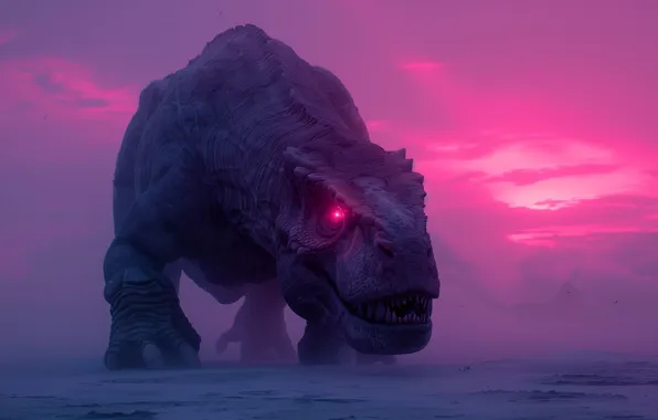 Картинка purple, glowing eyes, dinosaurs, AI art