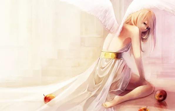 Картинка девушка, яблоки, крылья, ангел, арт, спиной, aka tonbo