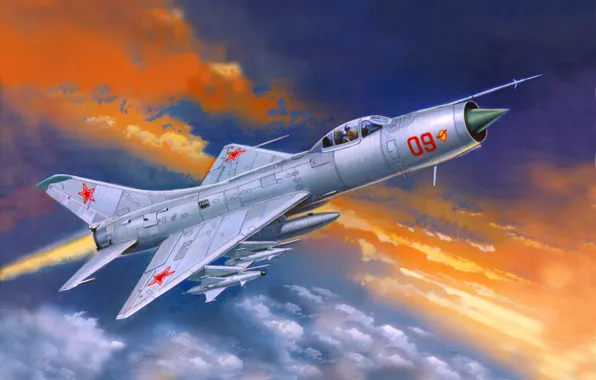 Картинка небо, облака, рисунок, арт, самолёт, истребитель-перехватчик, всепогодный, советский