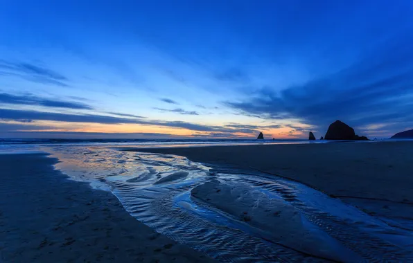 Картинка пляж, океан, рассвет, сумерки, Oregon, Cannon Beach