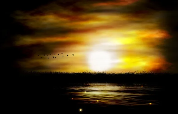 Картинка пейзаж, закат, птицы, природа, река, рисунок, вечер. солнце