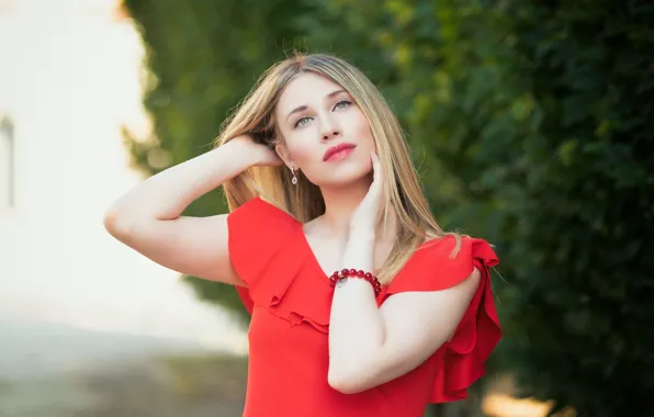 Картинка взгляд, девушка, красный, лицо, милая, платье, Chiara