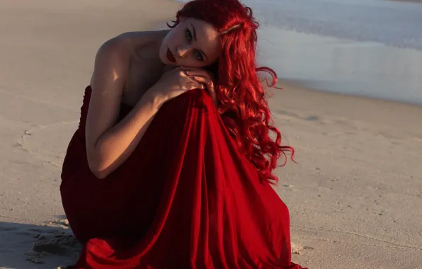 Картинка море, взгляд, девушка, модель, руки, макияж, платье, красные волосы