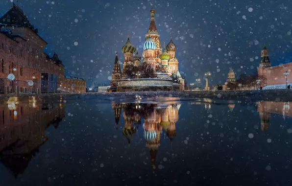Снег, отражение, лужа, площадь, Москва, собор, храм, Храм Василия Блаженного