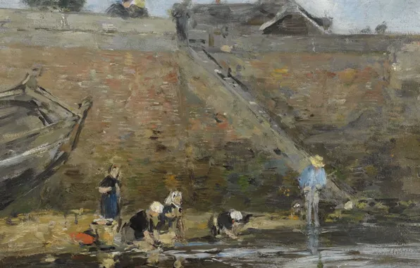 Пейзаж, люди, картина, Эжен Буден, Eugene Boudin, Прачки на Берегу Реки