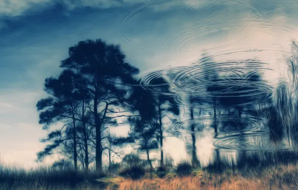 Картинка осень, вода, деревья, отражение, настроение, круги на воде