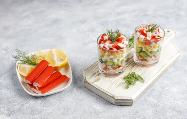 Укроп, стаканы, салат, крабовые палочки, салат с крабовыми палочками