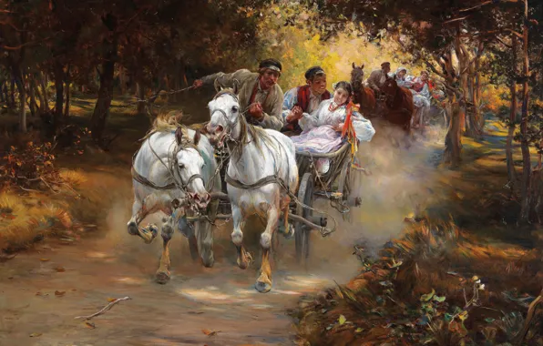 Картинка осень, художник, жанровая картина, Alfred Kowalski-Wierusz, деревенские свадьбы, кортеж