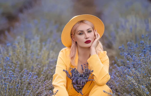 Девушка, шляпа, лаванда, в желтом